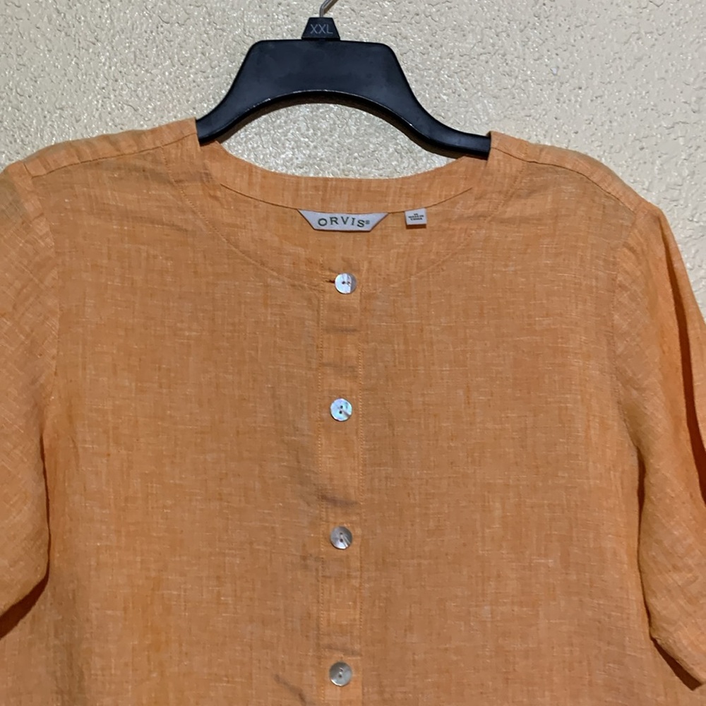 ORVIS Top Short Blouse M  Orange Cropped Short Sleeve Buttons 100% Linen - Picture 2 of 14
